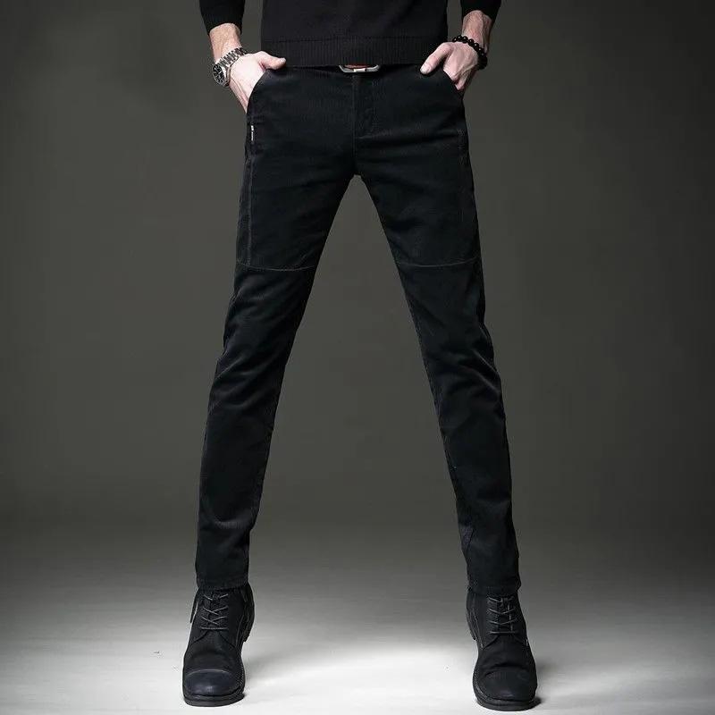 Men's Autumn and Winter Corduroy Casual Pants Slim-fit Pants with Small Feet Male Straight-leg Korean Style Trousers Business Streetwear Elastic Waist