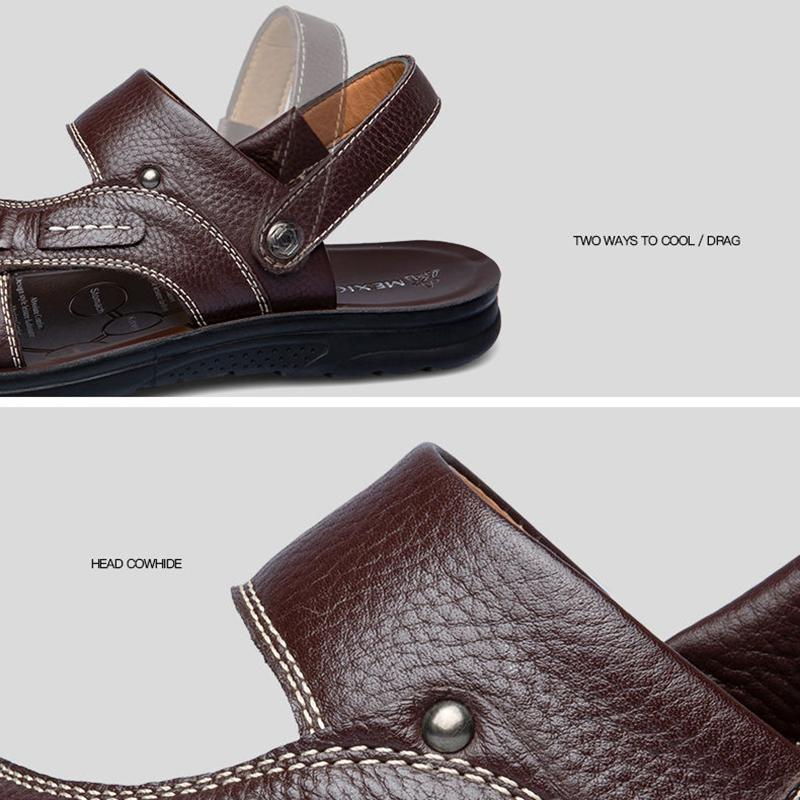 Men's Top Layer Leather Sandals Leather Summer Breathable Sandals Non-slip Men's Beach Shoes