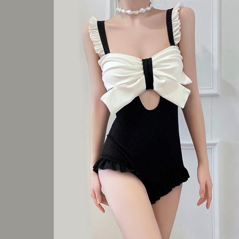 Exquisite Bow Pure Desire Swimsuit Women's Sexy Cover Belly Thin One-piece Student Swimsuit Pleated Ruffled Sleeveless Beachwear