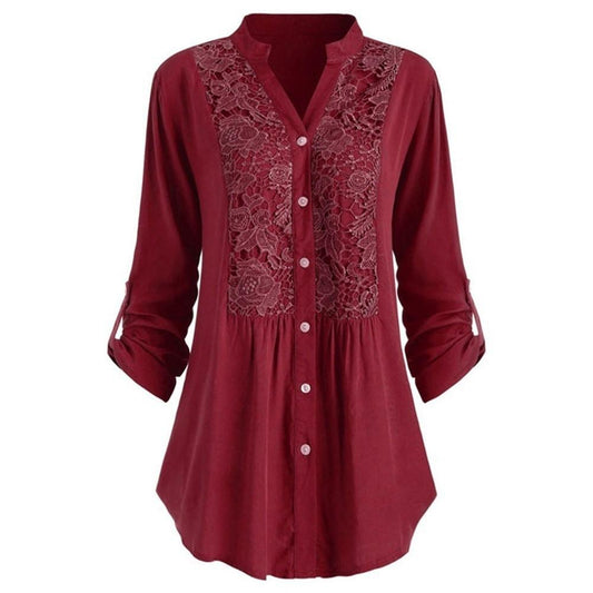 Women's Ethnic Blouse Loose Long Sleeve Cotton Lace Panel Plus Size Women's Top 6 Colors Size 8