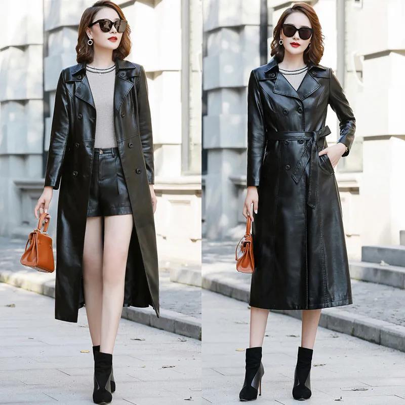 Winter Women's Leather Jacket Fashion Waist Mid-length Leather Jacket Plus Cotton Thicker PU Leather Large Size Leather Jacket