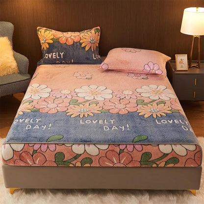 Thick Coral Fleece Bed Sheet Three-piece Bed Cover Pillowcase Plus Fleece Bed Set