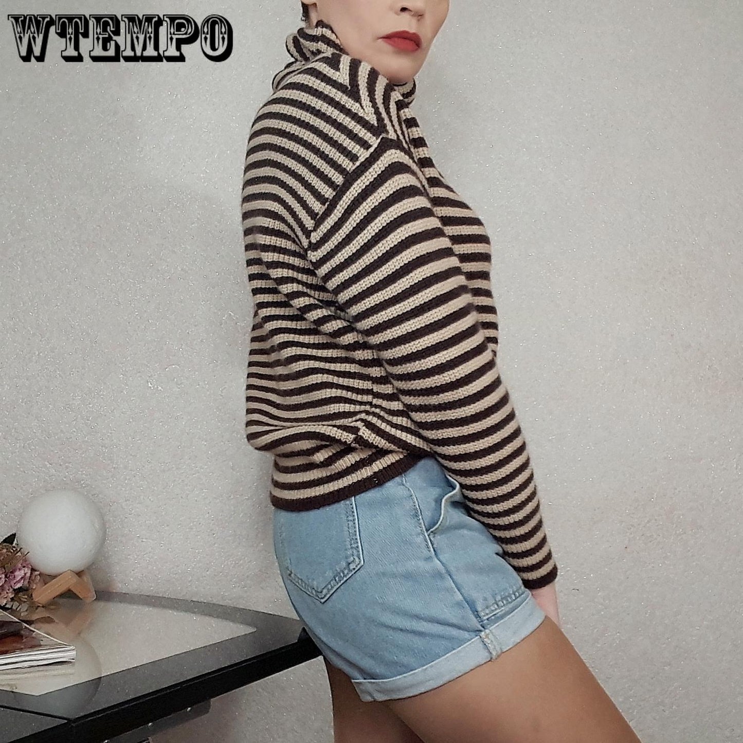 Heap Pile Neck Sweater Women Loose Casual High Neck Sweater Spring Autumn Striped Pullover Sweater