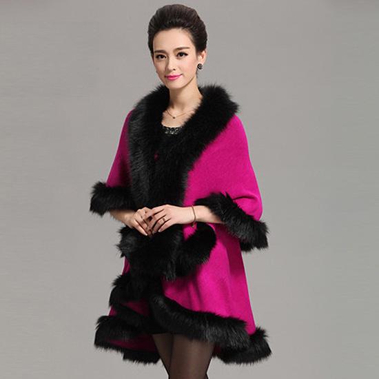 Ponchos and Capes Women 2019 Christmas Fashion Faux Fox Fur Collar Winter Wool Cloak Long Overcoat