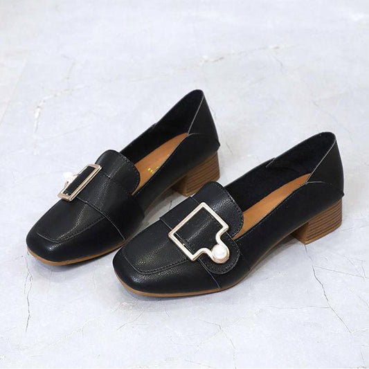 Leather Shoes Retro Square Toe Mid-heel Thick Heel Single Shoes Wild British Style Loafers Women's Mid-heel Comfortable Leather Shoes