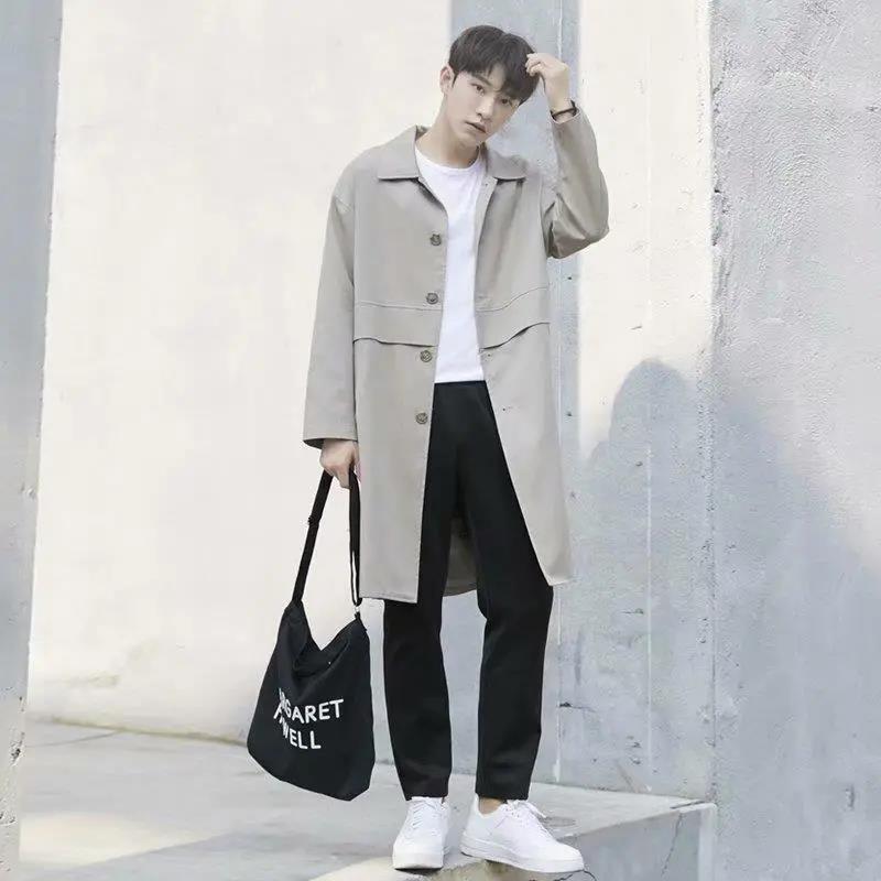 2021 Spring and Autumn New Single-breasted Mid-length Windbreaker Men's Loose British Style Casual Jacket