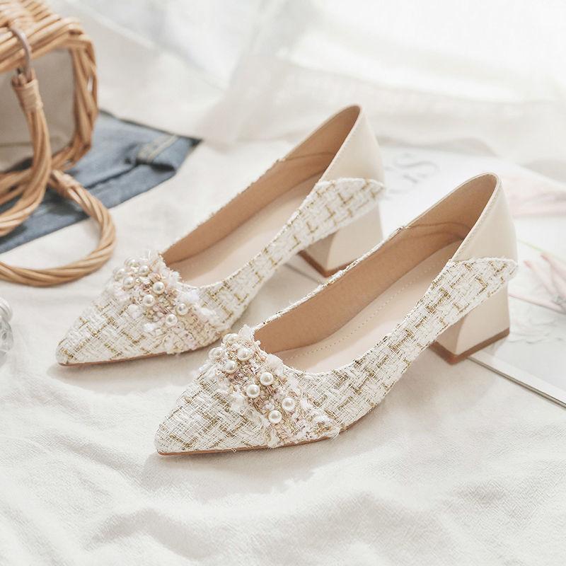 Pointed Shallow Mouth Gentle Shoes Thick Heel Small Fragrant Style Single Shoes Women's Mid-heel Pointed High Heels Pearl Fabric High Heels