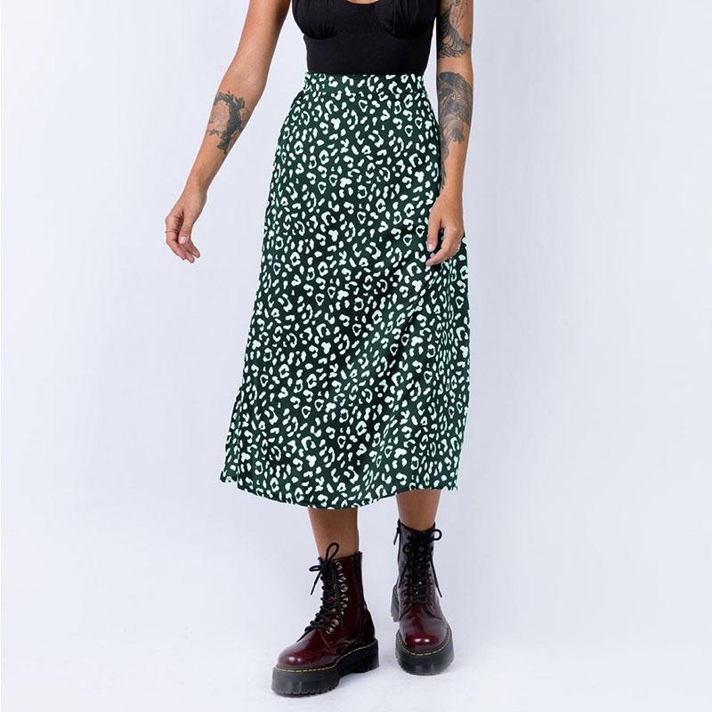 Women's Spring Summer Leopard Print Chiffon Print Split Skirt European and American Style Zipper High Waist Long Skirts Large Size Loose Thin Skirt
