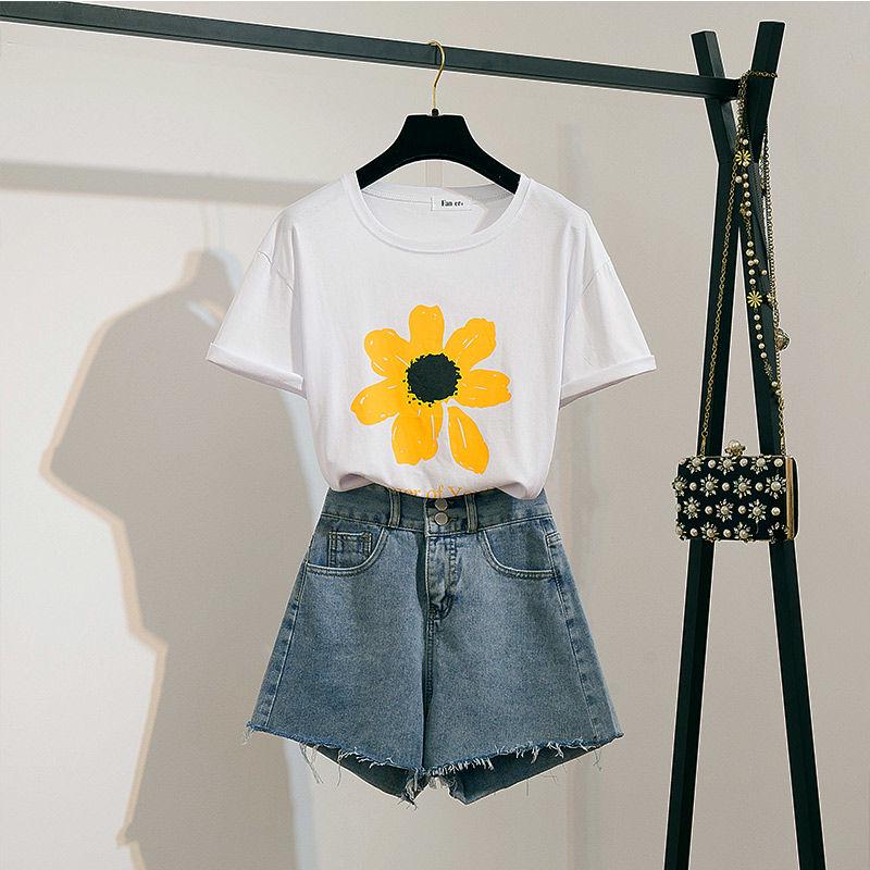 Pofulove Women Shorts Set Summer Embroidered Shirt Short Sleeve T-shirt High WaistRipped Denim Shorts 2 Piece Set for Teen Girl