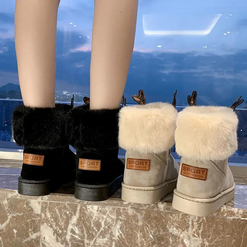 Women's Shoes Winter Warm Cute Elk Antlers Snow Boots Plus Velvet Cotton Shoes Women Casual Shoes