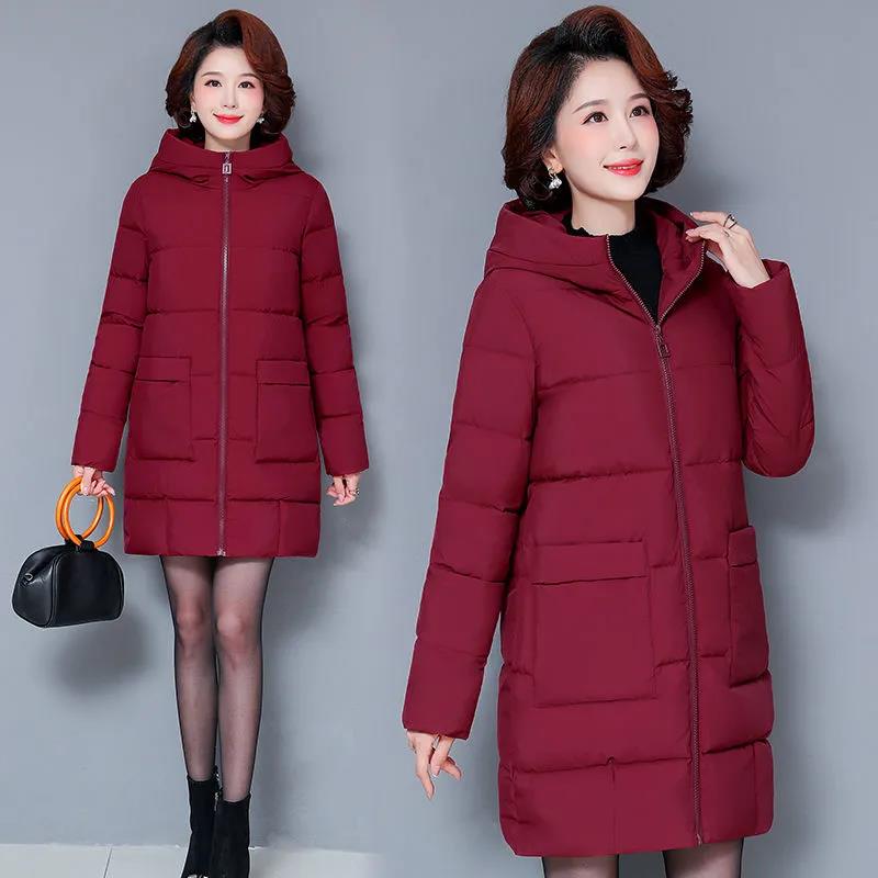Winter Down Jacket Fashion Solid Color Hooded Parka Coat Thick and Warm Mid-length Down Cotton Jacket for Women