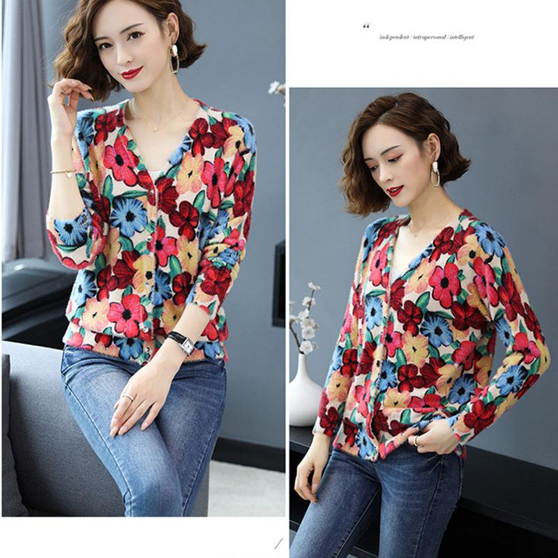 Bohemian Printed Knit Cardigan Women's Artificial Mink Wool  Knitted Jacket Oversized Cashmere Cardigan Top