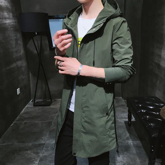 Spring Men Waterproof Windbreaker Hooded Jacket Casual Loose Comfortable Parka Solid Color Trend Coat Long