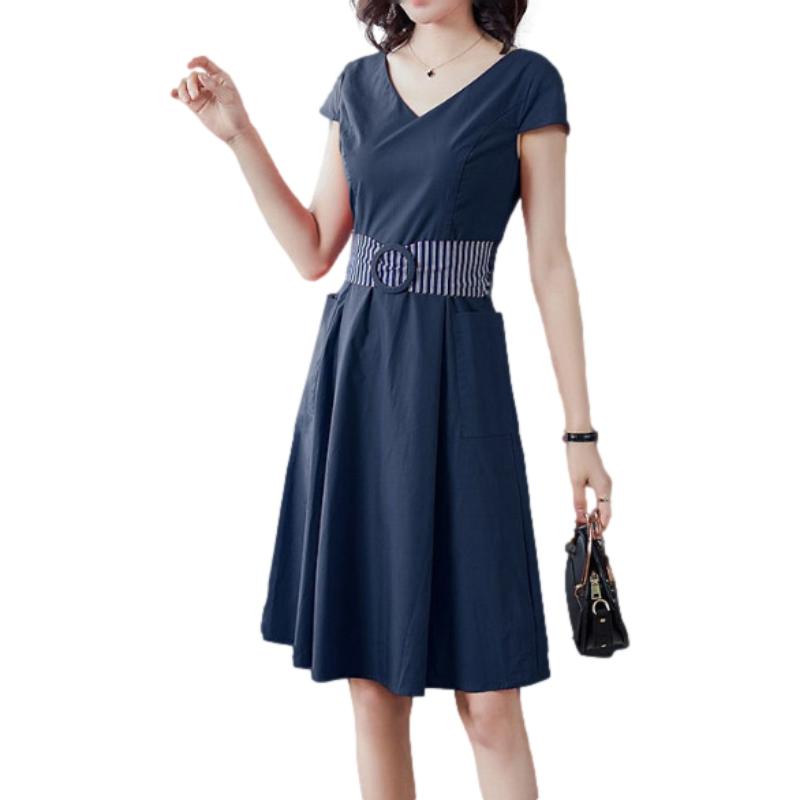 Summer Fashion All-match V-neck Dress Women's Waist Over-knee Long Skirt Casual Solid Color Short-sleeved Slim Dress