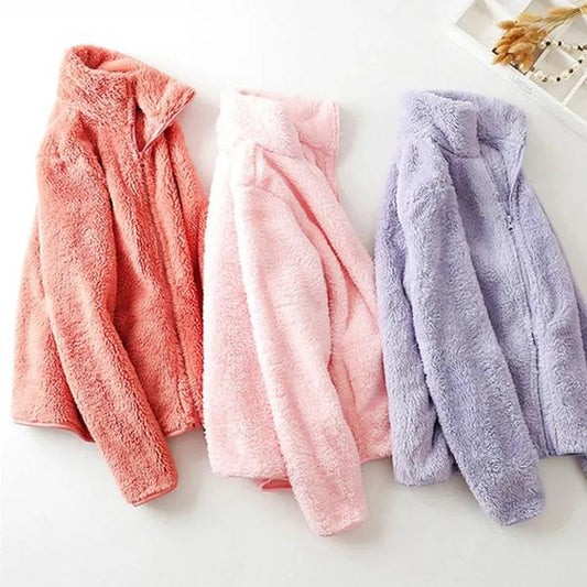 Coral Fleece Plush Jacket Women's Autumn and Winter Fleece Warm Loose Jacket Solid Color Stand Collar Zipper Jacket