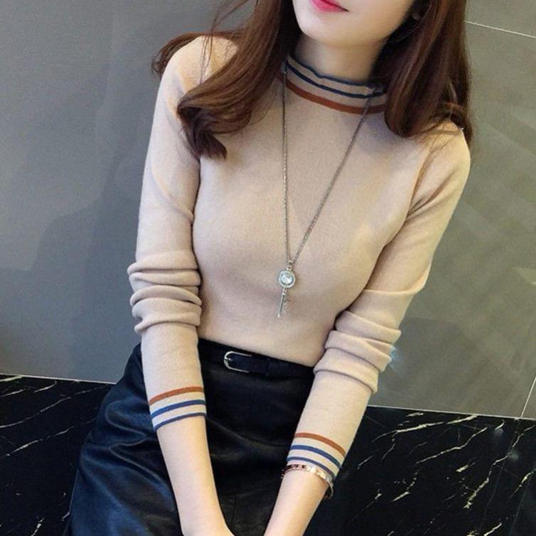 Women'S Knitted Petal Collar Shirt Elastic Bottoming Turtleneck Sweater
