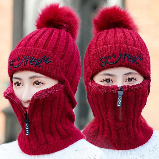 Winter Knitted Hat and Bib One-piece Korean Version Plus Velvet One-piece Woolen Hat Riding Windproof Ear Protection Warm Hat