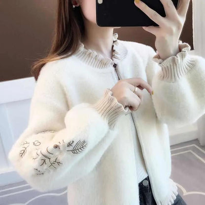 Imitation Mink Velvet Embroidered Ruffled Cardigan Women's Spring and Autumn Style Lazy Style Loose Sweater Zipper Long-sleeved Knitted Jacket