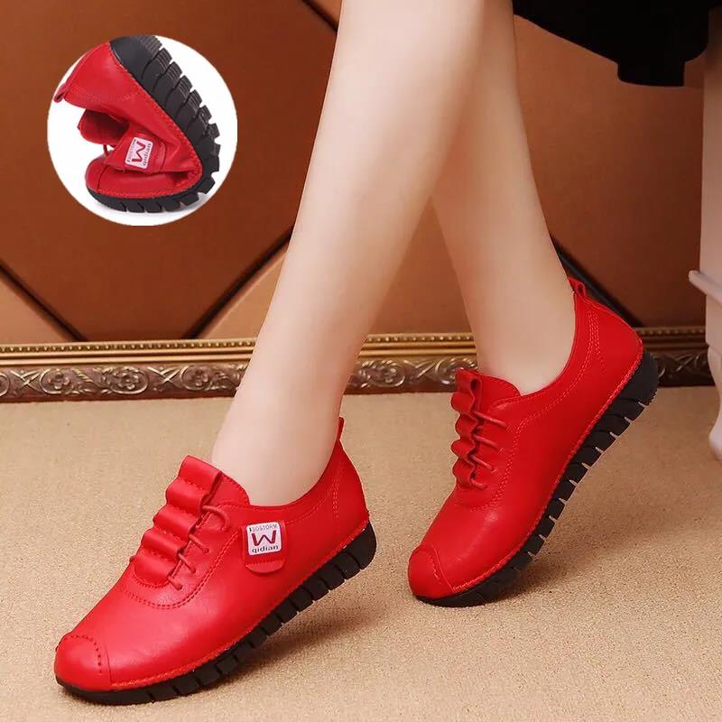 Red Single Shoes Women's Spring and Autumn Loafers Soft Bottom Non-slip Flat Leather Shoes Casual Shoes