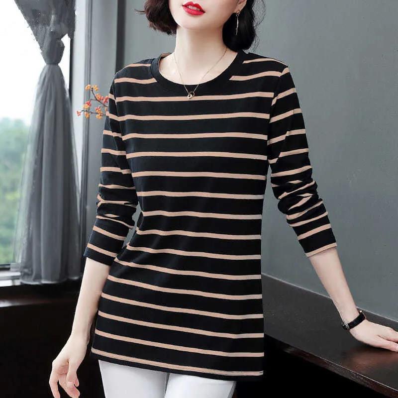 Women T-Shirt Cotton Long Sleeve Lady T Shirt Striped Summer Spring Autumn Female White Trendy  Top Pullover