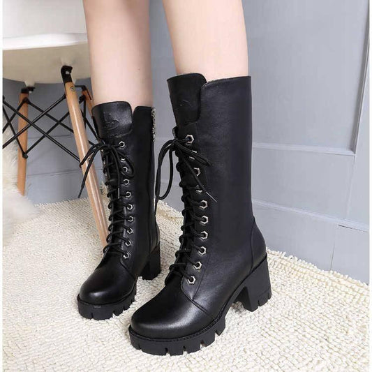 Boots Women Leather Middle Lace-Up Thick Martin Boots Shoes Outdoor PU Leather Winter Female Shoes