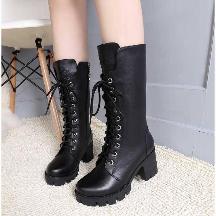 Boots Women Leather Middle Lace-Up Thick Martin Boots Shoes Outdoor PU Leather Winter Female Shoes