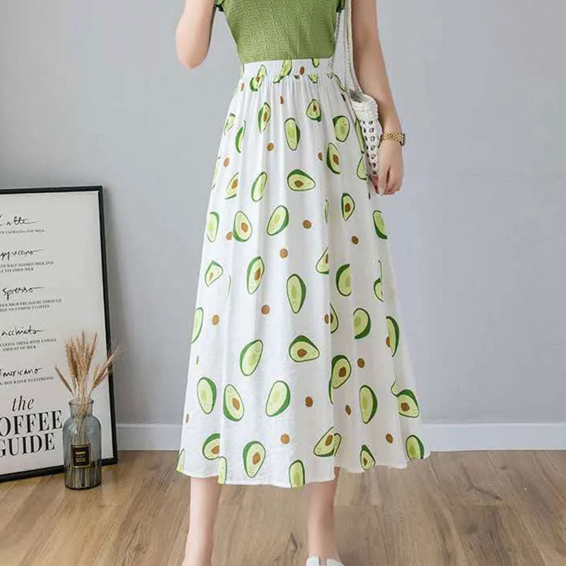 Skirts Womens Female Casual Ankle-length Skirt Summer Loose Thin A-line Skirts High Waist All-match Avocado Print Skirt