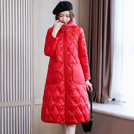 Women's Mid-length Fashion Trend Winter Over-the-knee Hooded Thick Slim-fit Padded Jacket