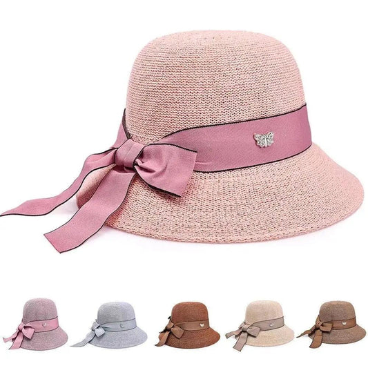 Women's Bow Flower Cotton Linen Cap Spring Summer Fisherman Hat All Match Floral Diamond Cap Windshield Sun Hat Elegant Pot Cap
