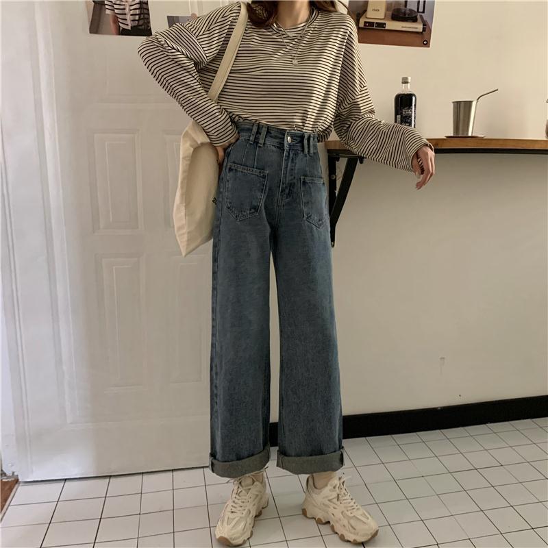 Wide Leg High Waist Hong Kong Flavor Jeans Female Korean Version Loose Spring and Autumn Retro Straight-leg Pants Trendy Thin and Wild High Trousers