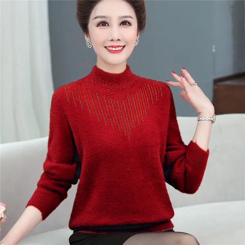 Autumn and Winter Women's Mink Fleece Sweater Loose Large Size Warm Bottoming Shirt Half Turtleneck Diamond Knitted Sweater