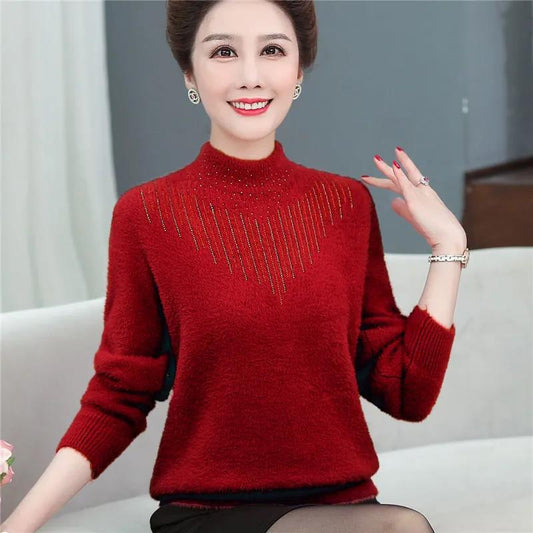 Autumn and Winter Women's Mink Fleece Sweater Loose Large Size Warm Bottoming Shirt Half Turtleneck Diamond Knitted Sweater