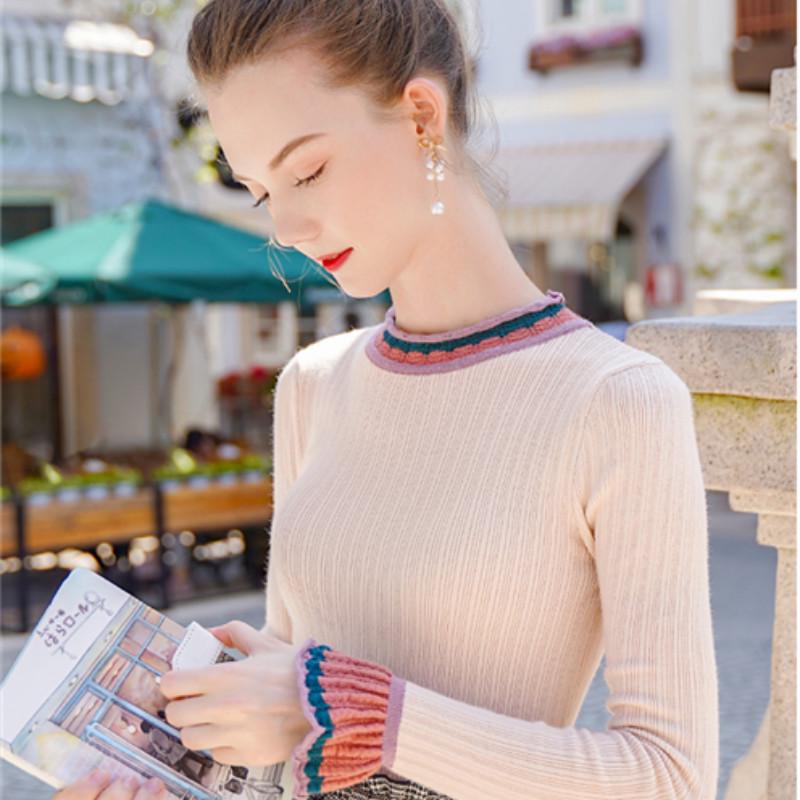 Hit Color Ruffled Pullover Sweater Women's Long-sleeved Slim Bottoming Shirt Autumn Winter