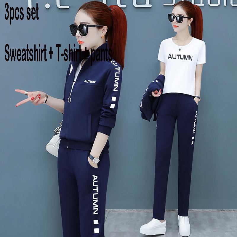 Spring and Autumn Women 3pcs set Wild Long Sleeve Casual Sweatshirt Set Large Size
