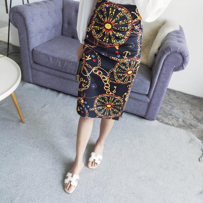 European Women Autumn Print Pencil Skirt High Stretch  Midi Slipt Hip Skirt Female