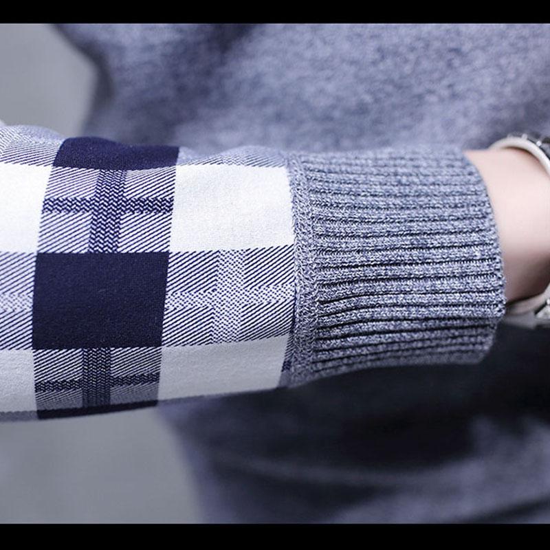 Autumn and Winter Men's Sweater Shirt Fake Two-piece Plus Velvet Thick Knit Sweater Slim Pullover for Teenagers