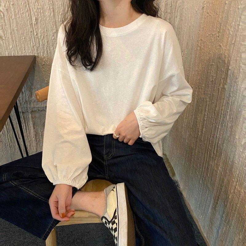 Fall Solid Simple oversized Tee harajuku long T Shirt Women T-shirts White Black long Sleeve Pullover