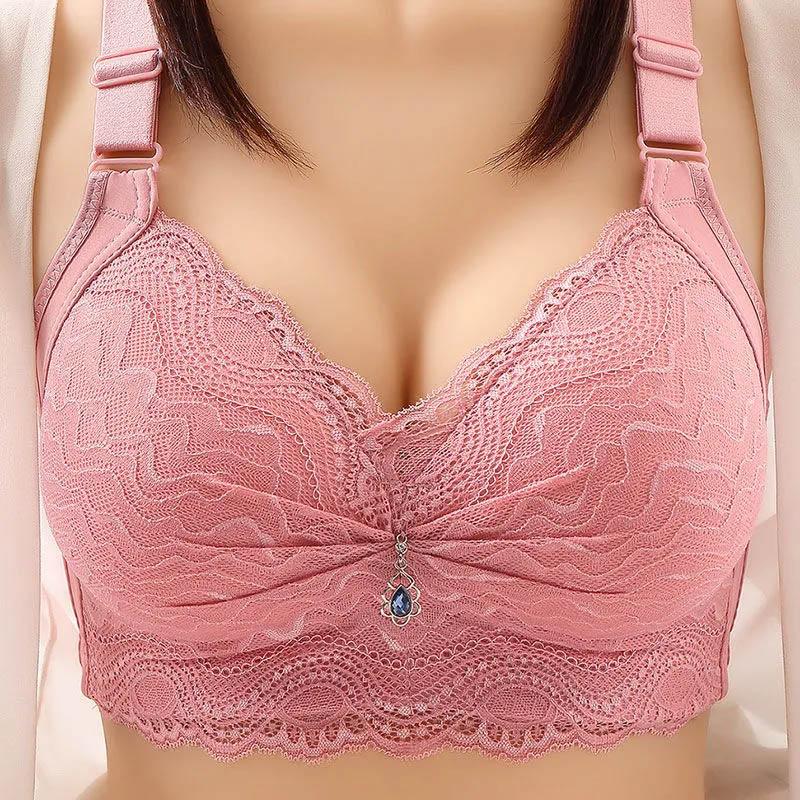 Ladies Thin No Steel Ring Comfortable Gathering Adjustable Large Size Bra Anti-sagging Moderate Support Anti-glare Breathable Soft Sexy Lace Bra