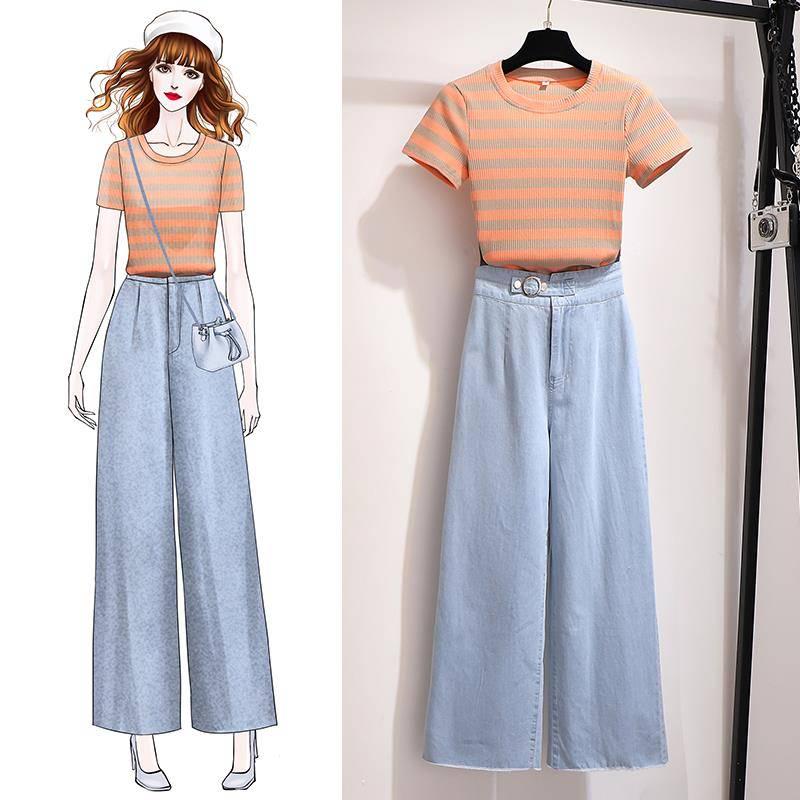 Women Casual Tops Pant 2 Piece Suit Summer Knitted Striped T-shirt Jeans Two-piece