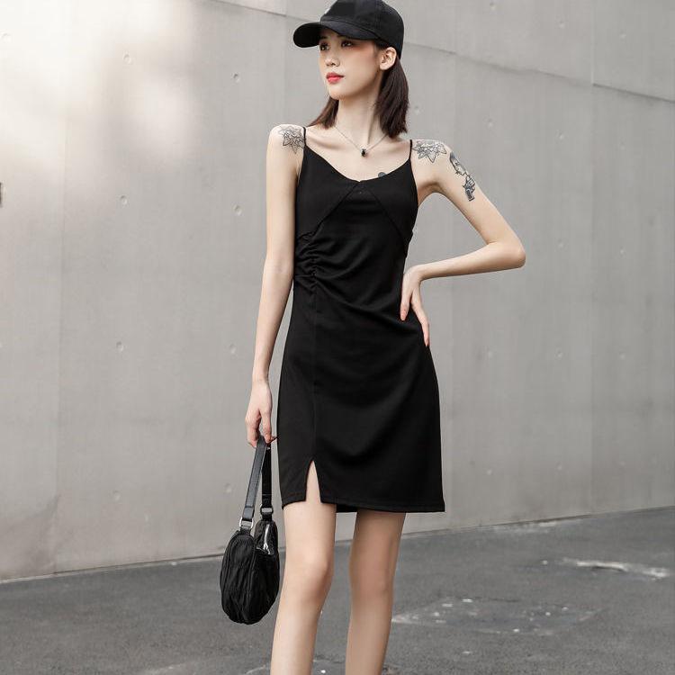 Simple Casual Suspender Dress Female Summer Split Slim Retro Bottomed Vest Skirt Beach Holiday Beach Mid Length Dress