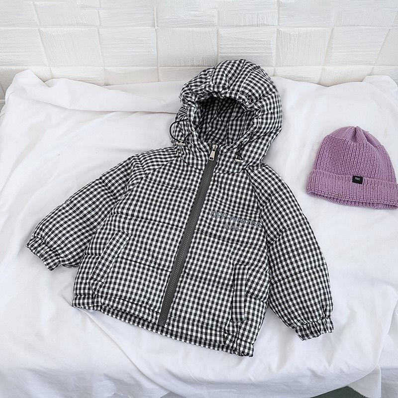 Girls' Down Jacket Short Plaid Children's Clothing Winter Jacket with Velvet Padded Warm Jacket