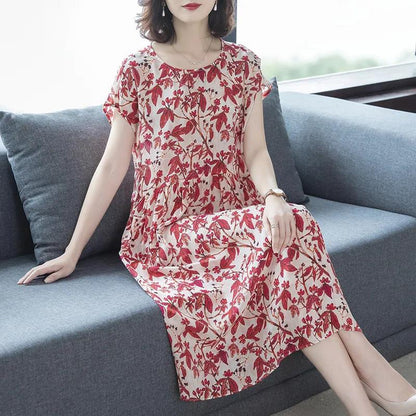 Women's Summer Short Sleeve Mid Length Floral Large Size Dress Slim A-line Skirt