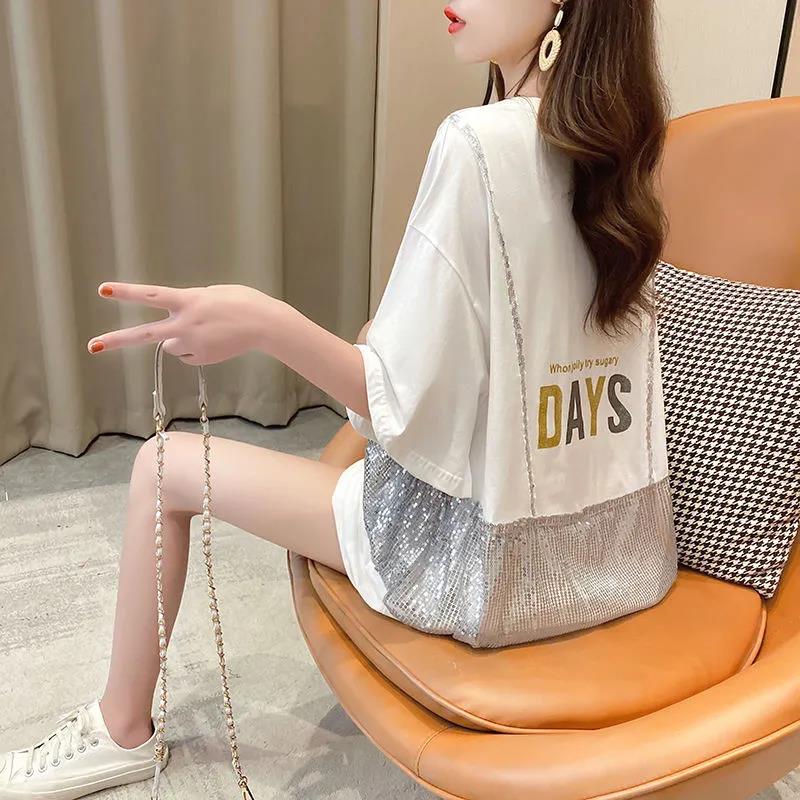 Shiny Sequins Women summer Dress Girl Loose O-Neck short Sleeve Casual Long T-shirt Dress Loose