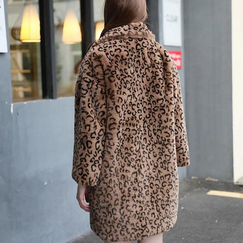 Leopard Print Fur Coat Winter Ladies Vintage Fashion Loose Large Size V-neck Thick Warm Mid-length Fur Coat