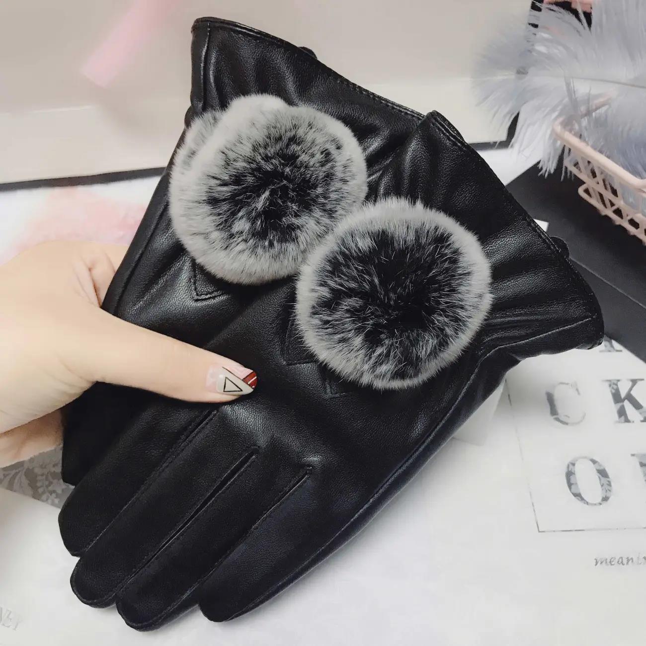 Mink Ball Leather Gloves Female Korean Version Cute Plus Velvet Warm Cold Waterproof Touch Screen Riding Driving