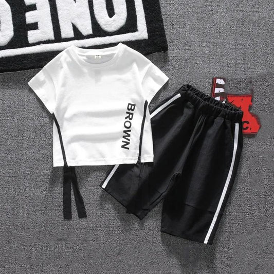 Children's Suit Summer Thin Boys' Korean Printed Letter Ribbon Loose T Shirt Stripe Shorts Casual Pants 2 Piece Set
