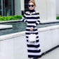 European and American Autumn  Winter Sexy Soff-shoulder Turtleneck Sweater Dress Long Slim Striped Knitted Dress Bottoming Pencil Dress