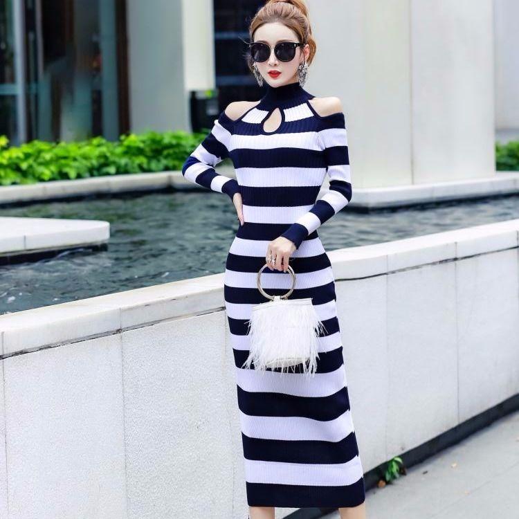 European and American Autumn  Winter Sexy Soff-shoulder Turtleneck Sweater Dress Long Slim Striped Knitted Dress Bottoming Pencil Dress