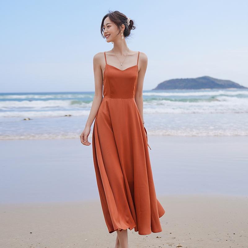 Summer New Style Female Slim Mid-length Halter Slim V-neck High-waist Seaside Holiday Suspender Dress