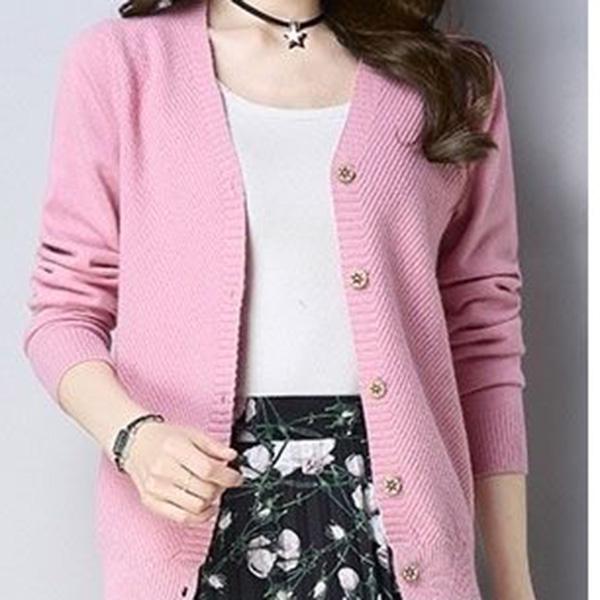 Spring and Autumn Knit Solid Color Cardigan Long Sleeve V-neck Sweater Short Solid Color Coat